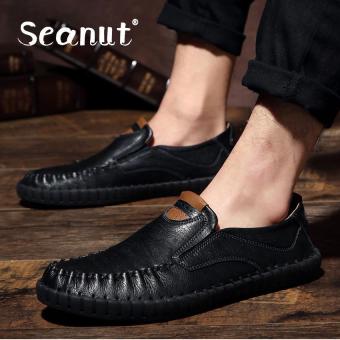 Seanut Fashion Men Genuine Leather Casual Driving Shoes Men Leather Peas Shoes Flats-Brown (Black) - intl  
