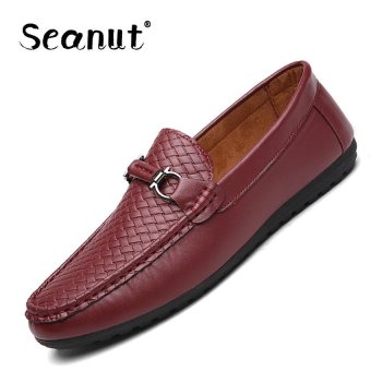 Seanut Men's Flat PU Leather Slip On Loafers Driving Shoes Peas shoes (Red) - intl  
