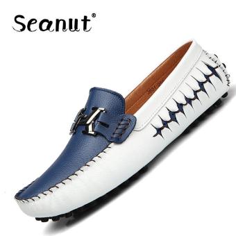 Seanut Men's Genuine Leather Peas Shoes Casual Flat Shoes Driving Shoes (Blue) - intl  