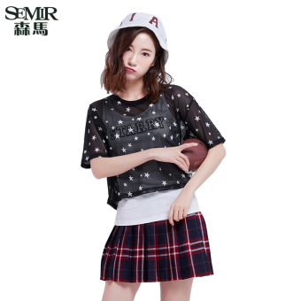 Semir Summer New Women Korean Casual Geometric Polyester Crew Neck Short Sleeve T-Shirts (Charcoal)  