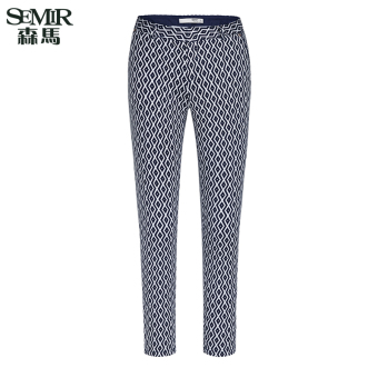 Semir Summer New Women Korean Casual Geometric Zip Full Length Skinny Cotton Chinos Pants (Dark Blue)  