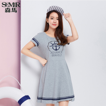 Semir Summer New Women Korean Casual Letter Cotton Crew Neck Short Sleeve Shift Dresses (Grey)  
