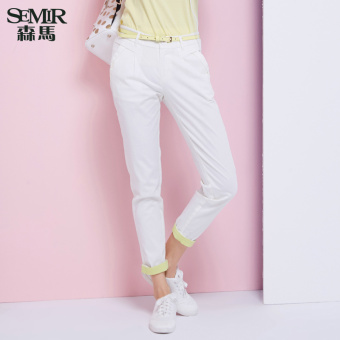 Semir summer new women simple straight cropped casual small cone pants(White)  