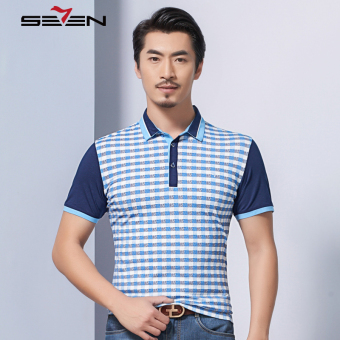 Seven brand men plaid polo shirt casual color block summer sportswear blue - Intl  