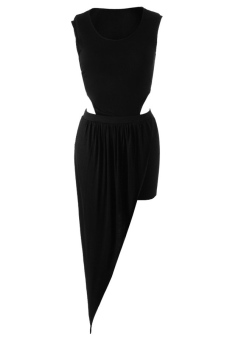 Sexy Plunging Neck Sleeveless Solid Color Asymmetrical Women's Dress Black  