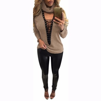Sexy Pullover Women Sweaters Casual Bandage Knitwear Rib Jumper Pull Femme Sexy Halter V-neck Long Sleeve Tops (Khaki) - intl  