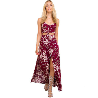 Sexy Women Strap Floral Hollow Slit Casual Beach Chiffon Maxi Long Full Dress ( Wine Red ) - intl  