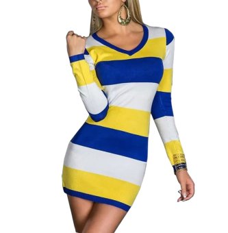Sexy Women's Dress Long Sleeve Striped V-neck Mini Dresses Clubwear Party wear Yellow Blue White N095  
