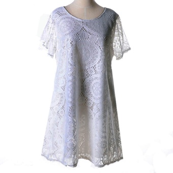 Short-sleeved Hollow Lace Dress (White) - intl  