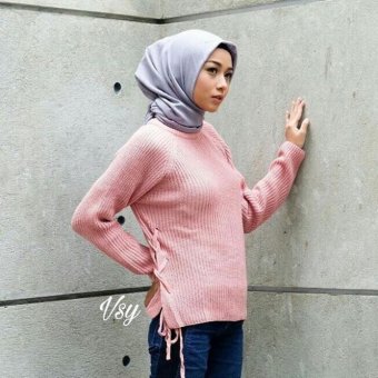 Side Bow Knit - Sweater rajut wanita best seller Real Pict - Dusty pink  