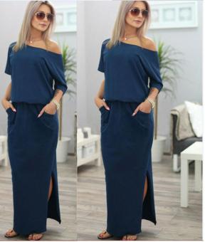 Simple Long Oblique Shoulder Strapless Dress (Nave Blue) - intl  