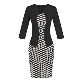 Sleeve Plaid Dress Wear Fake Two Package Hip Pencil Skirt?Houndstooth & Black? - intl  