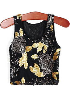 Sleeveless Sequin O-neck Crop Tops Tank Tops (Gold) - intl  