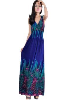 Sleeveless V-neck Bohemian Dress Maxi Dress (Blue)  