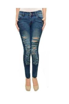Slim and Fit Jeans Destroy New Casual Ripped 05 - Korean Style Ripped Jeans Women - Biru  