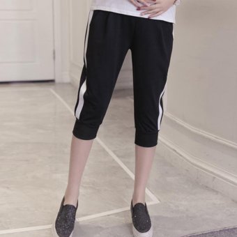 Small Wow Maternity Casual Loose Stitching Contrast Color Thin Cotton Cropped Pants for Summer Black - intl  