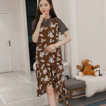 Small Wow Maternity Daily O-neck Print chiffon Two Suits Loose Short Dress Coffee - intl  