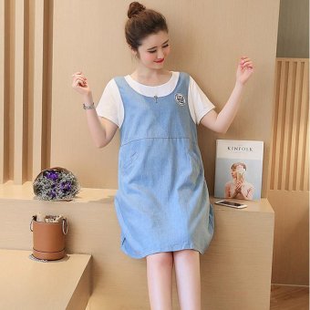 Small Wow Maternity Daily Round Stitching Contrast Color Cotton Above Knee Dress Blue - intl  