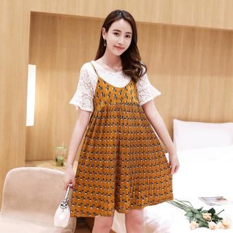 Small Wow Maternity Fashion Round Print Lace Above Knee two-piece Dress Brown - intl  