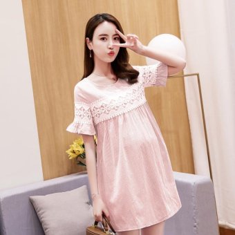 Small Wow Maternity Fashion Round Stitching Contrast Color Cotton Above Knee Dress Pink - intl  