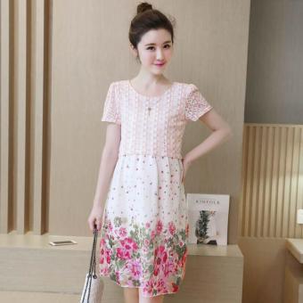 Small Wow Maternity Fashion Round Stitching Contrast Color Lace Loose Above Knee Dress Pink - intl  