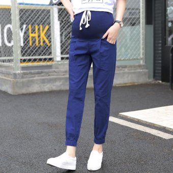 Small Wow Maternity Going Out Loose Solid Color Thin Linen Long Pants for Summer Navy Blue - intl  