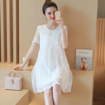 Small Wow Maternity Going Out Round Solid Color Lace Above Knee Dress White - intl  