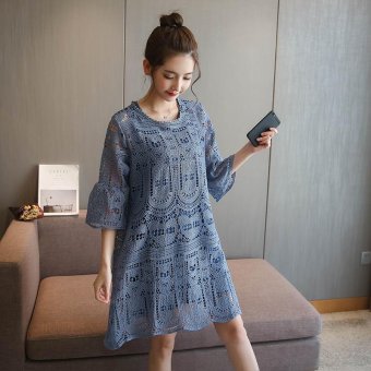 Small Wow Maternity Going Out Round Solid Color Lace Loose Above Knee two-piece Dress Blue - intl  