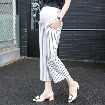 Small Wow Maternity Korean Loose Stitching Contrast Color Thin Cotton Wide Leg Pants for Summer White - intl  