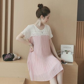 Small Wow Maternity Korean Round Stitching Contrast Color chiffon Above Knee Dress Pink - intl  