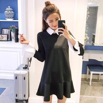 Small Wow Maternity Korean Turn-down Collar Solid Color Cotton Above Knee Dress Black - intl  