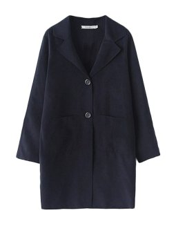 Solid Color Notched Collar Fashion Loose Coat Blue  