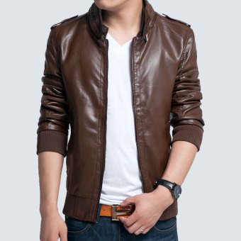 Spring And Autumn Korean Men's Leather Jacket Male Slim Mandarin Collar Zipper Leather Coat Fashion Casual Locomotive Leather Jacket-Brown - intl  