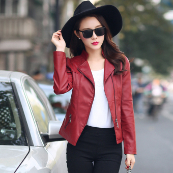 Spring and Autumn Women's Short Locomotive Leather Jacket Fashion casual lapel leather coat Slim long sleeve Coat-Wine Red - intl  