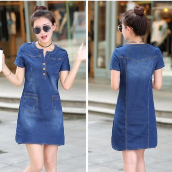 Spring and Summer Women's Republic of Korea Code Easy To Wear Thin Long Sleeved Short of  A-Line Skirt Thin Denim Dress - Dark Blue - intl  