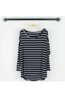 Spring Autumn Striped Pattern Batwing Long Sleeve Women's Loose Medium-long T-shirt Tops - Free Size Navy Blue  