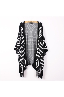 Spring Autumn Women's Girls Rhombus Pattern Batwing Sleeves Long Loose Knitted Cardigan Shawl Cape Sweater Coat - One Size Black  