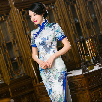 Spring New Long Section Blue and White Porcelain Silk Improved Classic Beauty Cheongsam (Blue) - Intl  