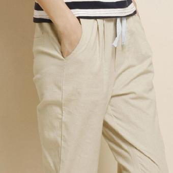 Spring Summer Women Linen Cropped Pants Female Harem Pant Elastic Waist Casual Trousers(Khaki) - intl  