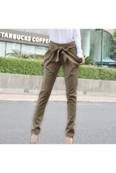 Spring Summer Women's Casual Slim Fit Skinny Bowknot Long Harem Pants Trousers - Size XL Khaki  