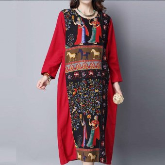 Spring Women Vintage Casual Loose Dress Ladies Elegant Fashion Long Sleeve O-Neck Print Mid-calf Dresses Vestidos Plus Size (Red) - intl  