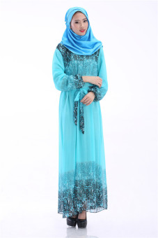 SRZ Muslim Women Chiffon Long-sleeved Dress(Sky Blue) - Intl  