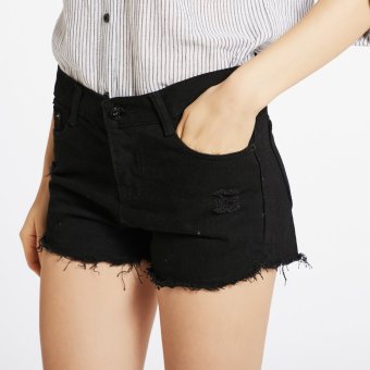 Stitch ripped denim shorts (Black)  