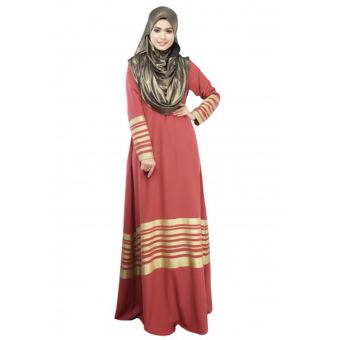 Stripe High Round Neck Muslim Dresses Muslimah Women Ladies Clothing Robe(Light Red)M  