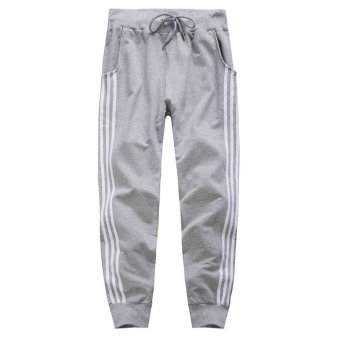 Striped Mid Waist Cotton Loose Mens Pants—Grey  