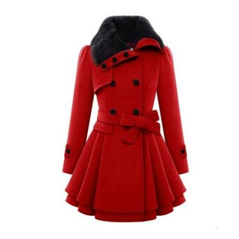 Stylish Lady Women Casual Long Sleeve Faux Fur Lapel Double-Breasted Thick Wool Coat Overcoat Jacket Trench Outwear (Red)  