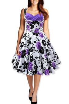 Stylish Lady Women Retro Hepburn Wrapped Chest Sleeveless Floral Printed Mid-calf Length Party Cocktail Evening Dress (purple Floral ) - intl  