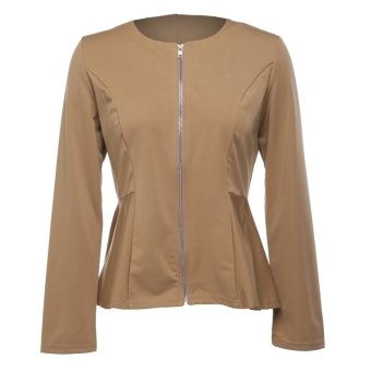 Stylish New Fashion Lady Women's Career Long Sleeve O-neck Tops Plain Zip Peplum Frill Jacket Coat (khaki)  