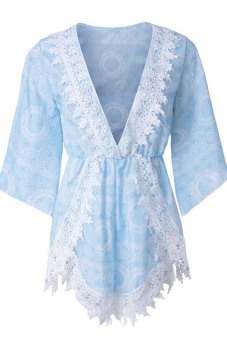 Stylish Plunging Neck 3/4 Sleeve Printed Lace Embellished Women's Romper  