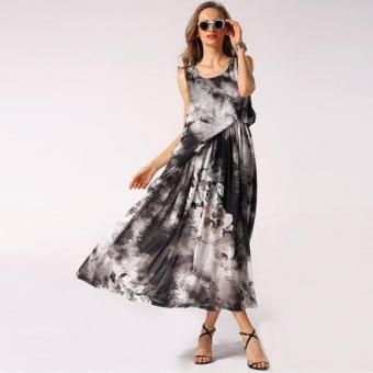 Stylish Women Casual Print Sleeveless Loose Beach Sundress Long Chiffon Dress Dark Gray - Intl - intl  